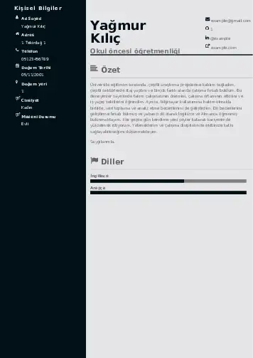 Okul Öncesi Öğretmeni Öğretmenliği Cv Örnekleri cv indir